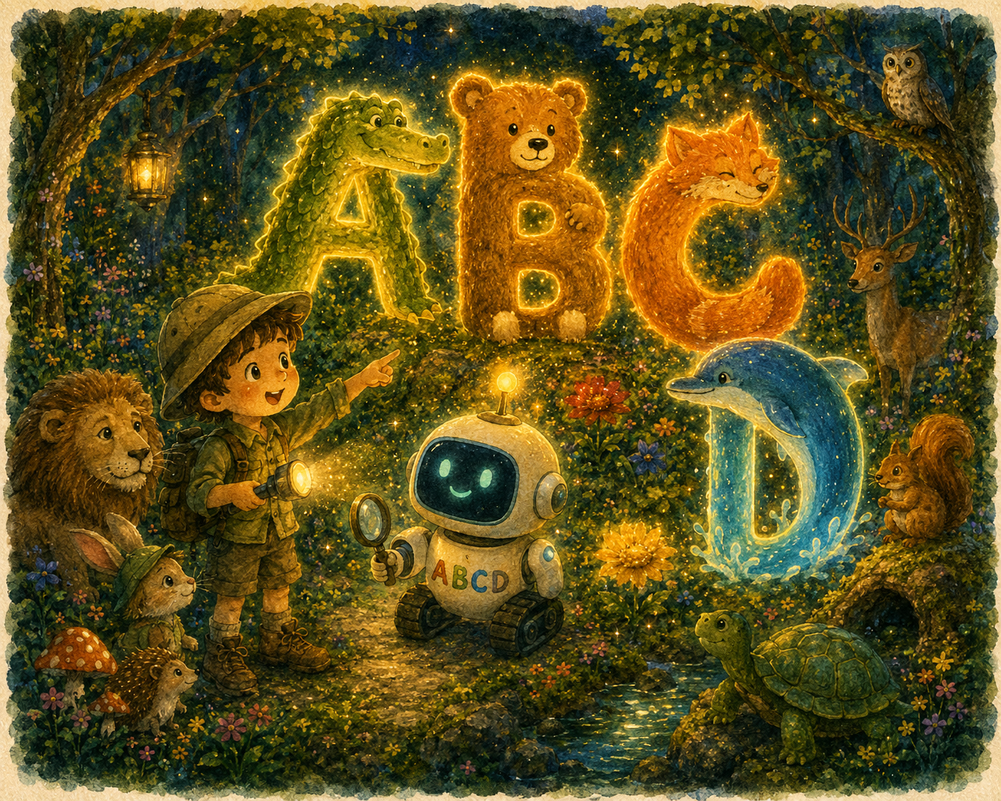 ABC Animal Explorer illustrated cover with letters and gentle animals.