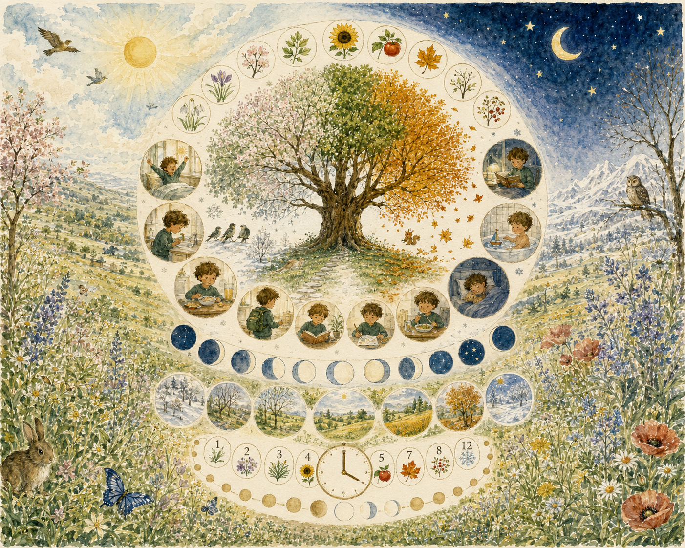 Counting and Time Garden illustrated cover with days, seasons, and routines.