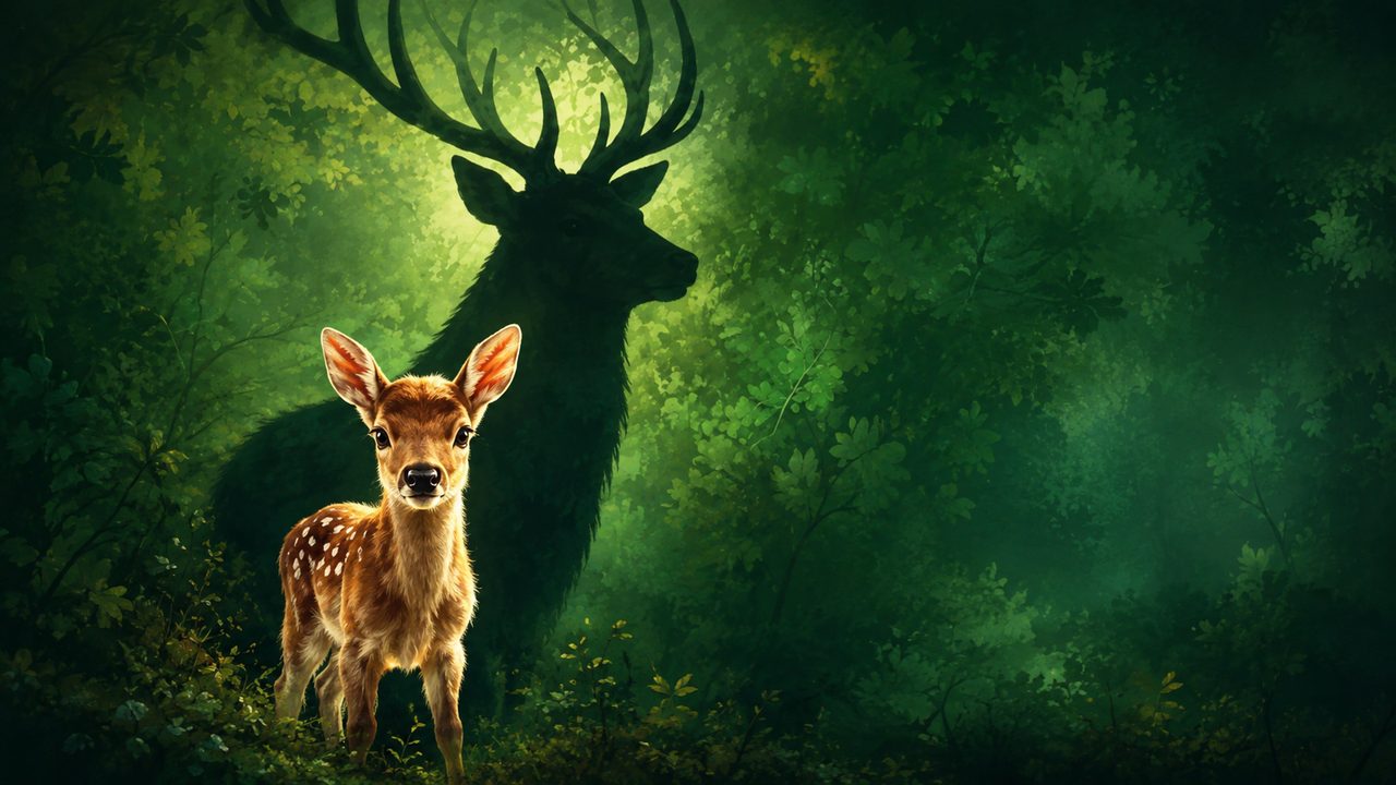 Poster image for The Deer Call showing a young fawn in front of the shadow of a stag, with the title Where Is My Voice?
