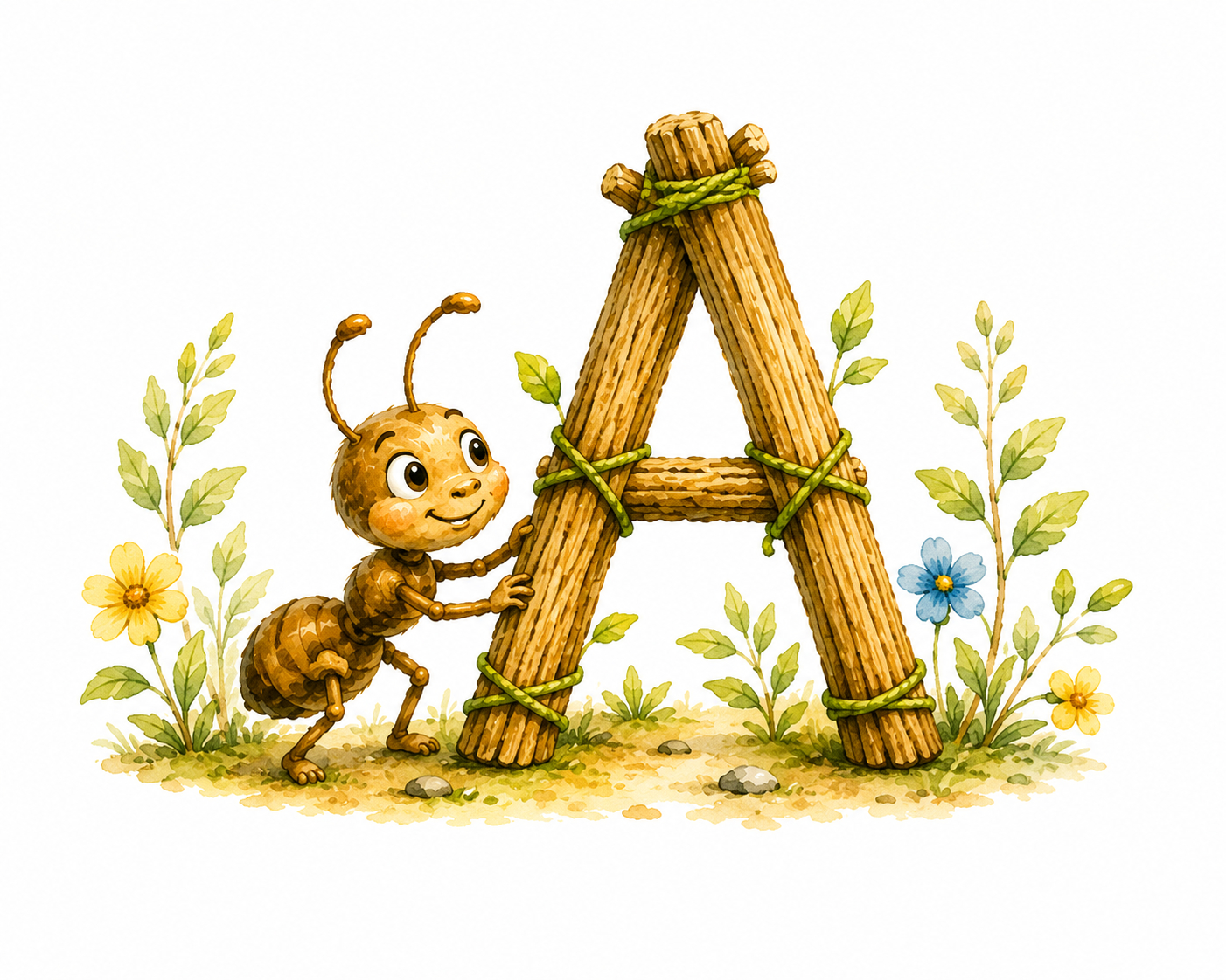 A friendly ant raising a wooden letter A among watercolor flowers.