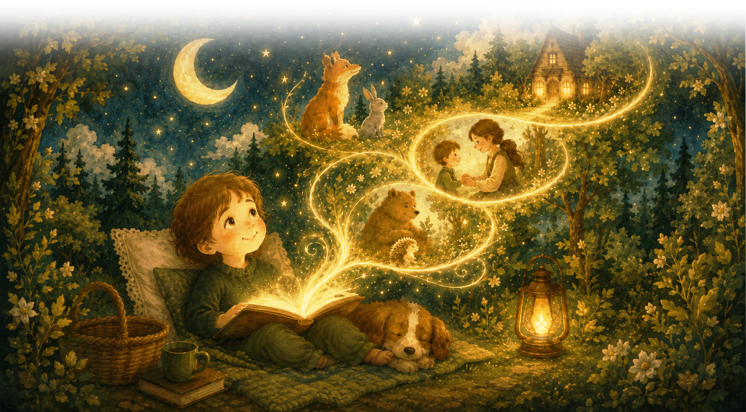A child lying with a sleeping puppy reads a glowing storybook as golden swirls of imagined forest scenes rise into the night sky.