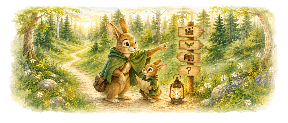 A guide rabbit in a green cloak points the way at a forest signpost while a young bunny holds a map beside a glowing lantern.