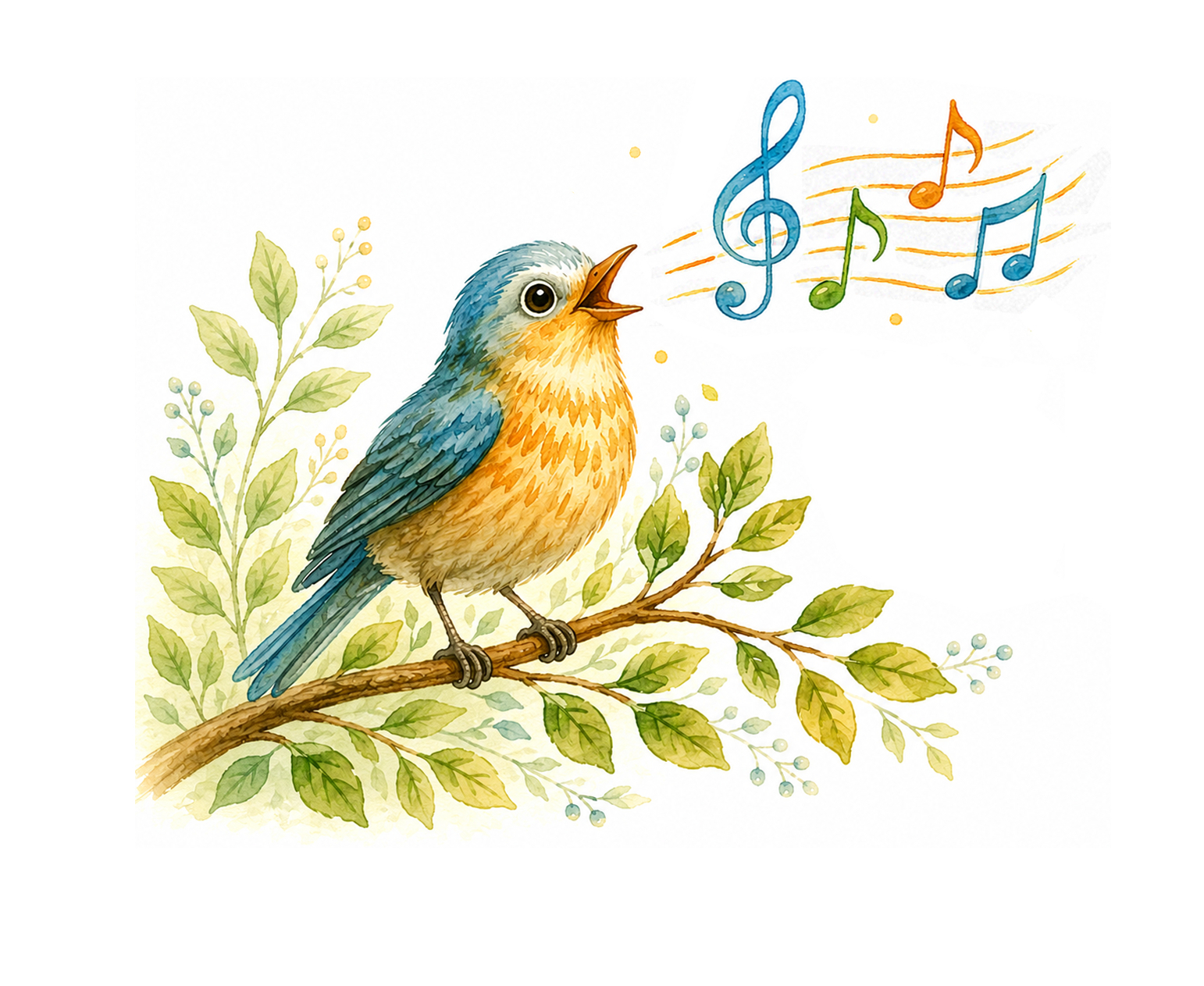 A bluebird singing colorful musical notes on a leafy branch.