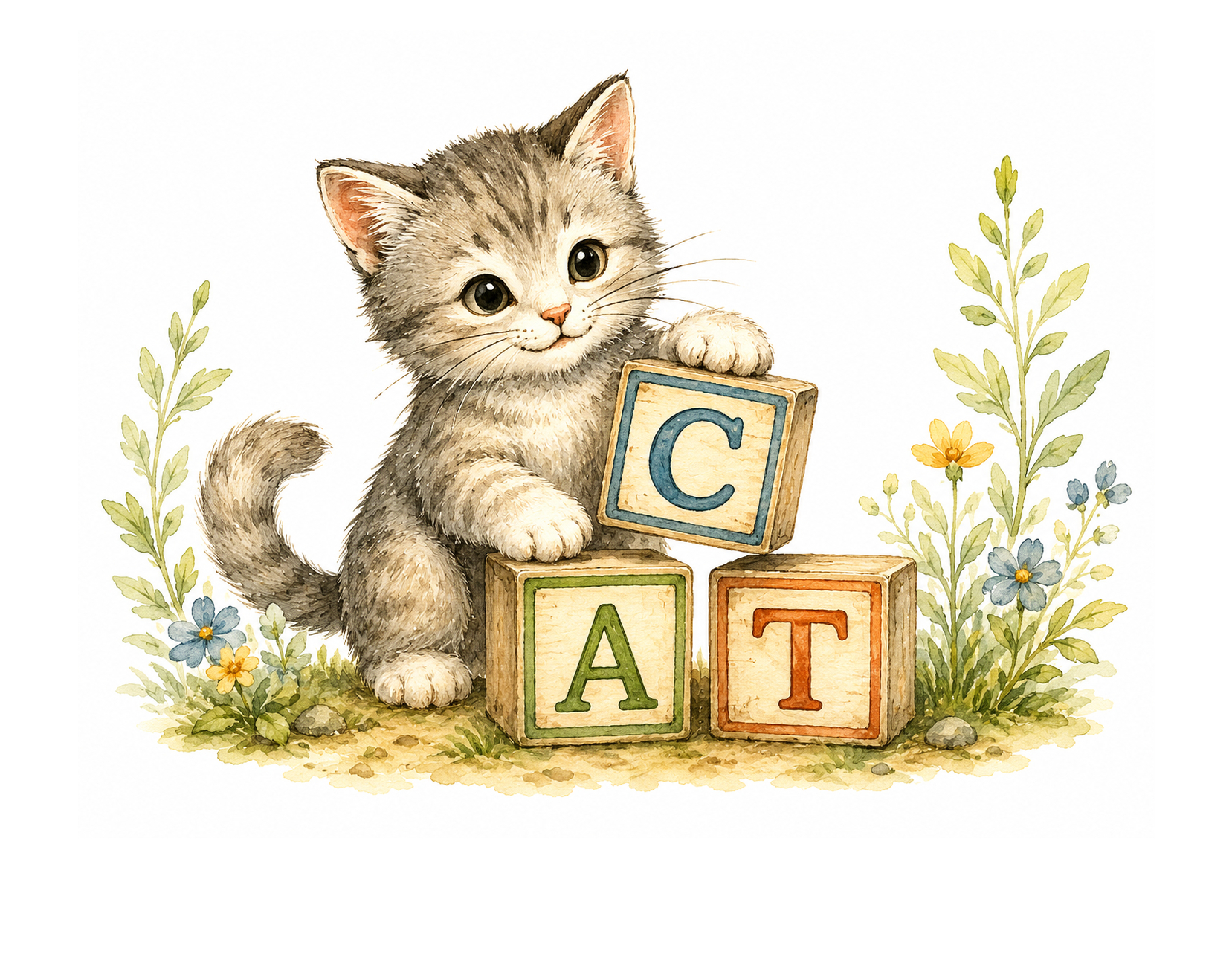 A kitten stacking wooden alphabet blocks that spell CAT.