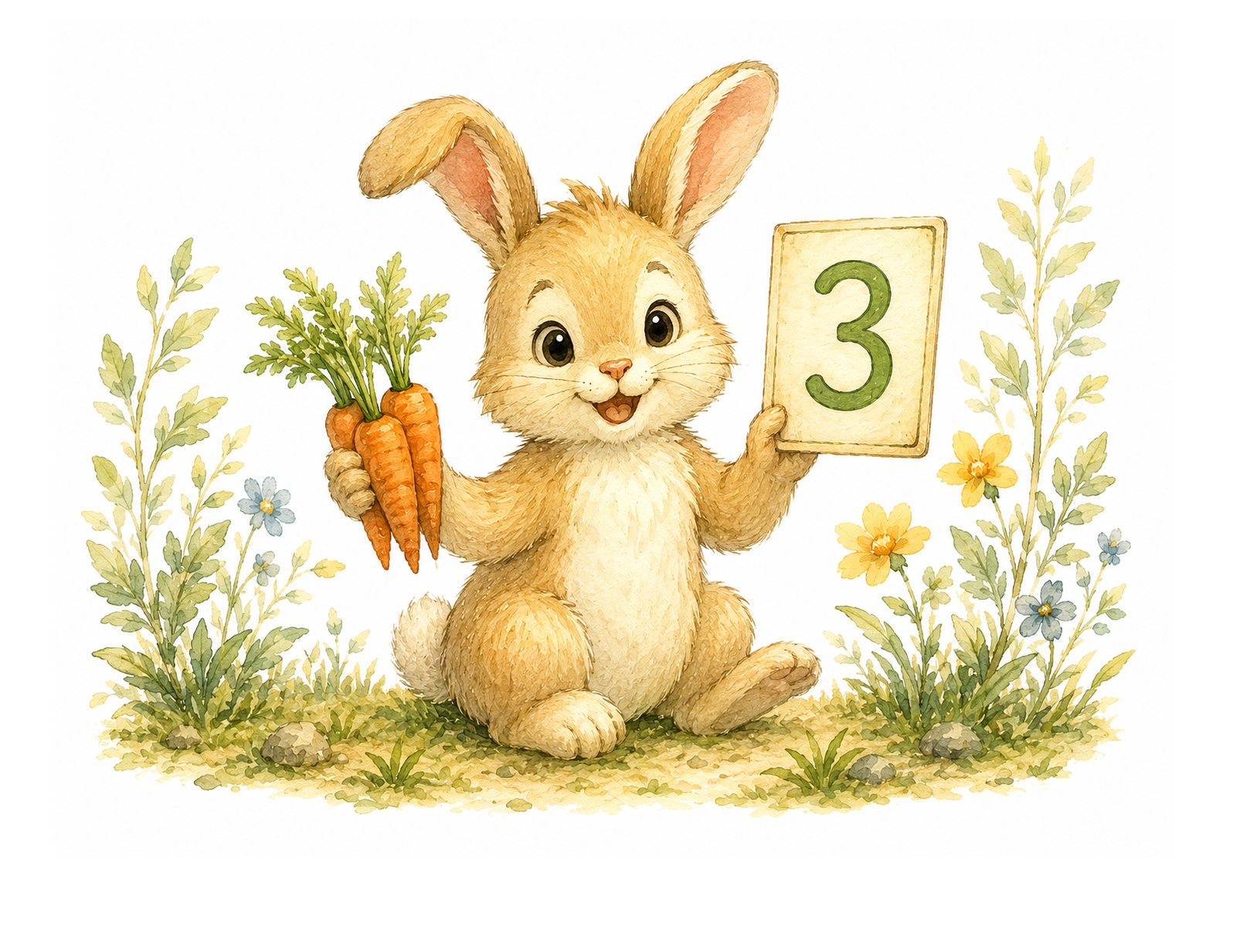 A smiling bunny holding carrots and a card with the number 3.
