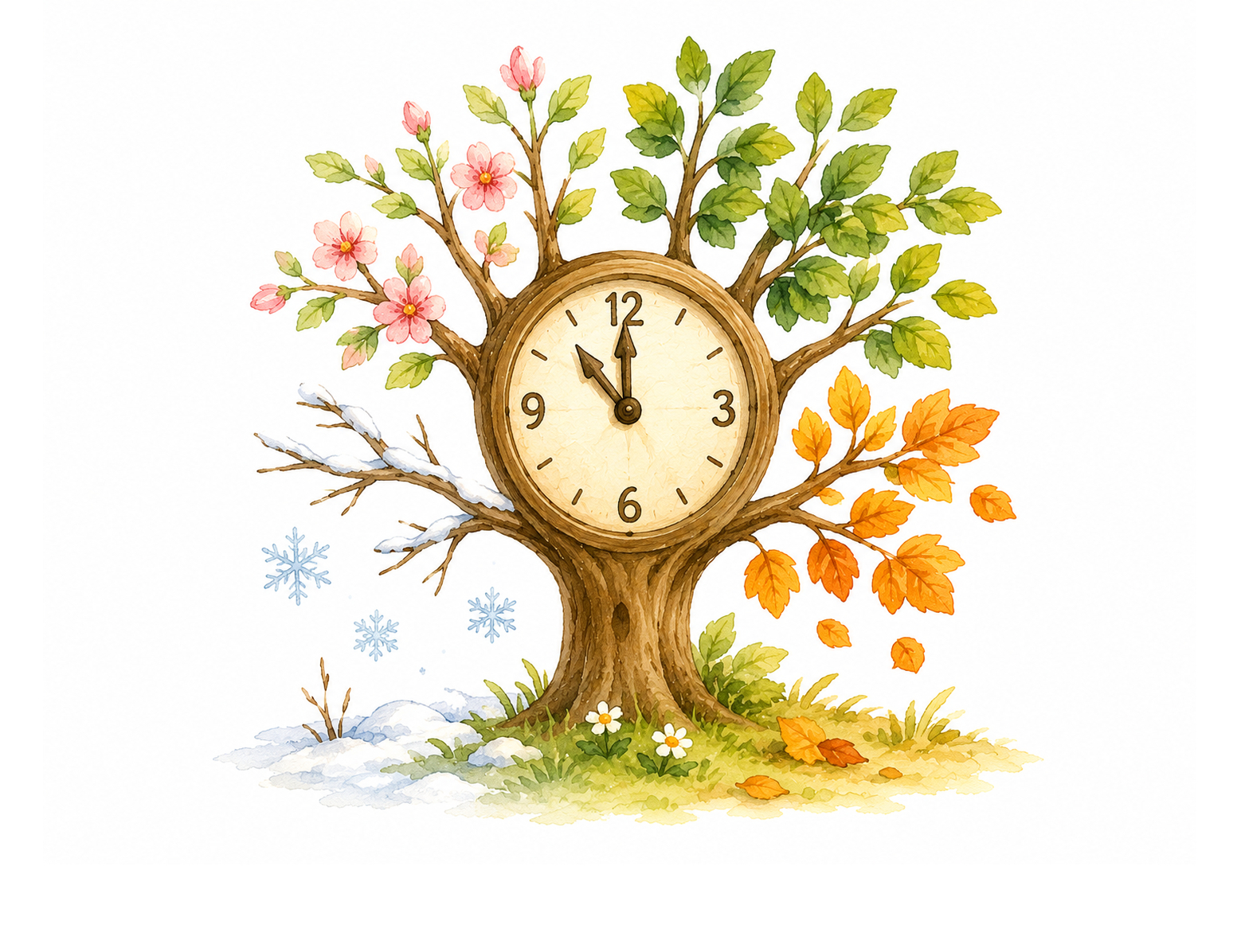 A tree with a clock face showing all four seasons in its branches.