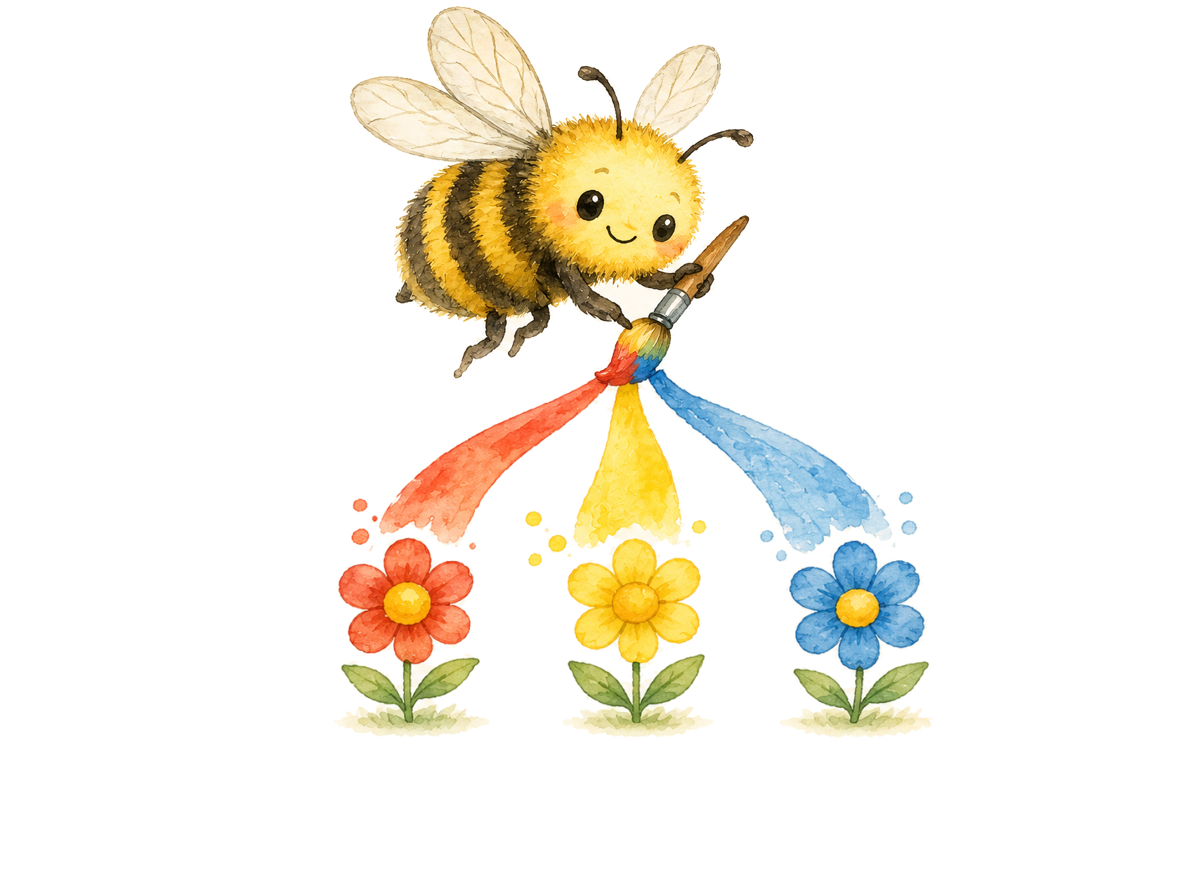 A bee painting red, yellow, and blue flowers with a brush.