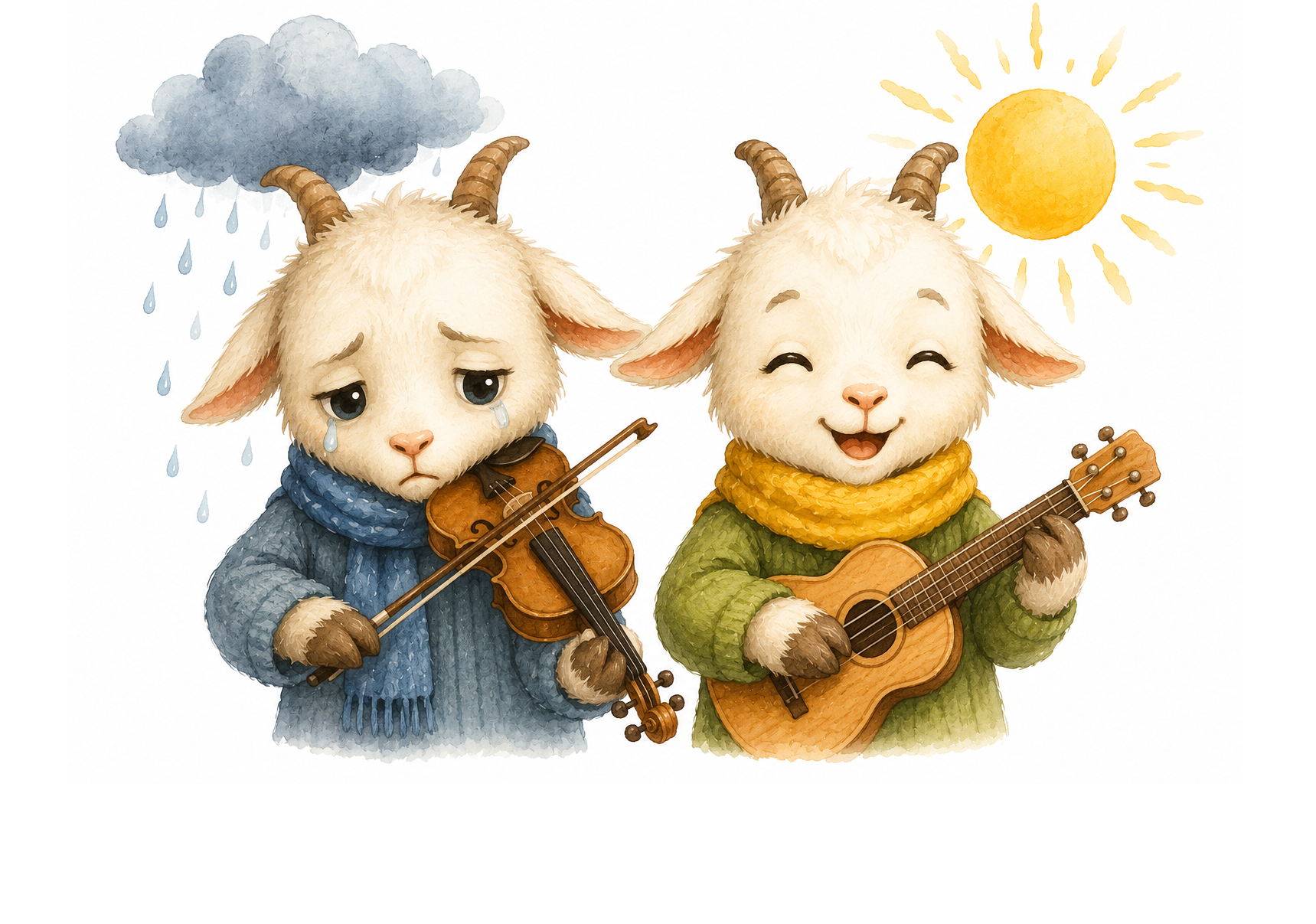 Two little goats playing violin and guitar under a rain cloud and a bright sun.