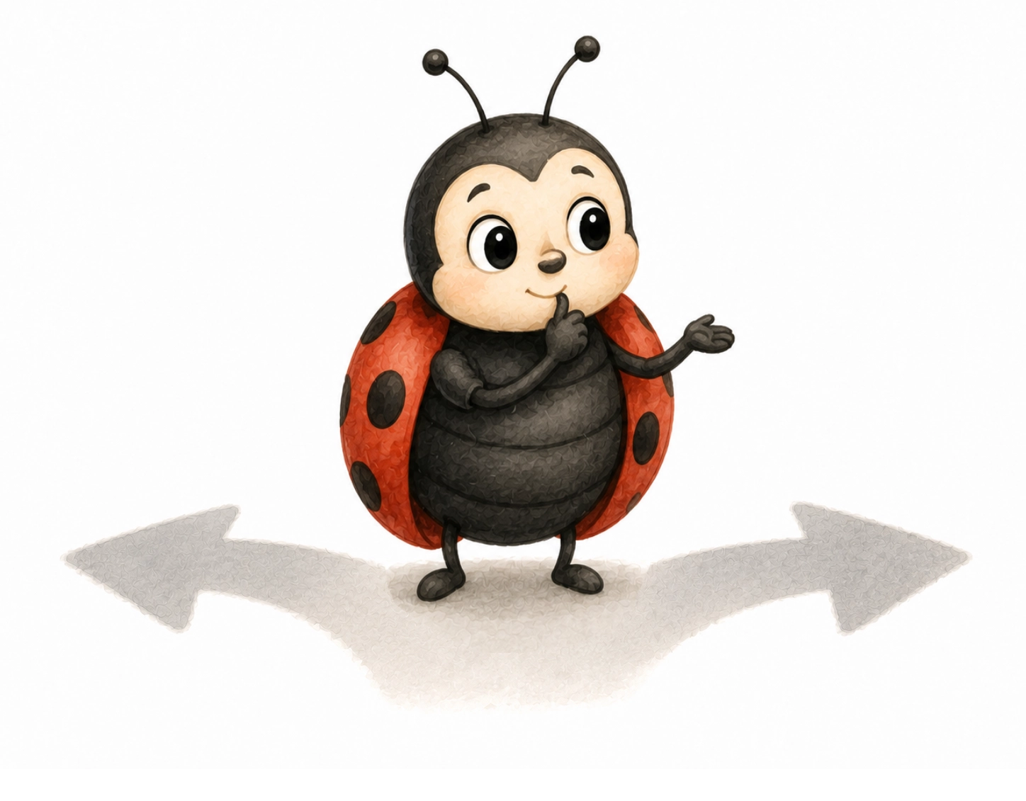 Pip the ladybug standing between two pale arrows pointing left and right.