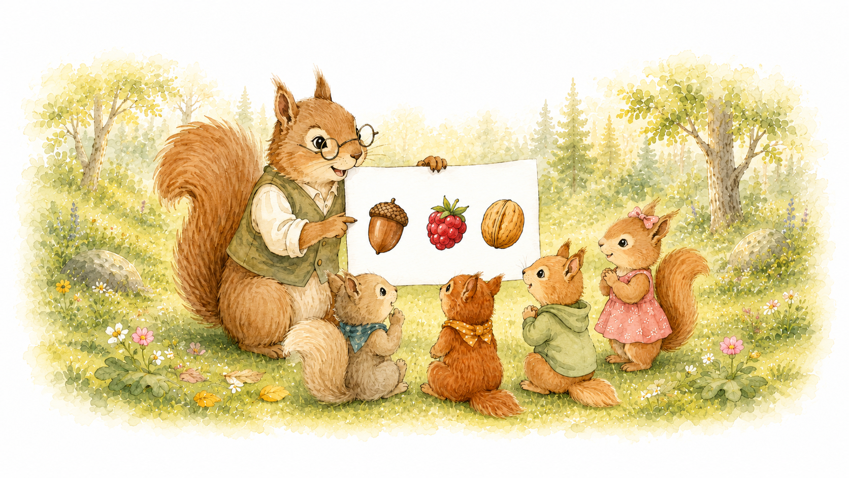 A squirrel teacher shares illustrated ideas with young woodland animals in a sunny forest clearing.
